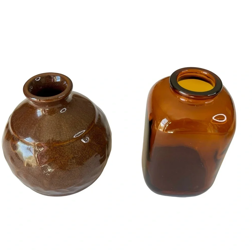 Pair of 4 inch Brown Mini Ceramic Bud Vase Glass Snuff Jar